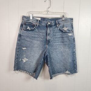 Gap High Rise Distressed Denim Bermuda Jean Shorts Raw Hem Size 14 32 Womens